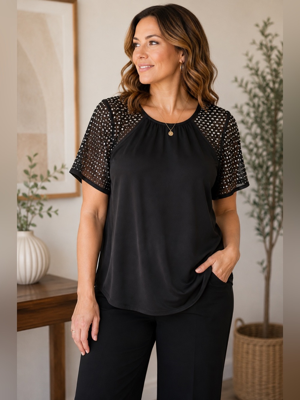 Rebecca Taylor Black Rhinestone Sheer Sleeve Blouse Embellished Top Size 8